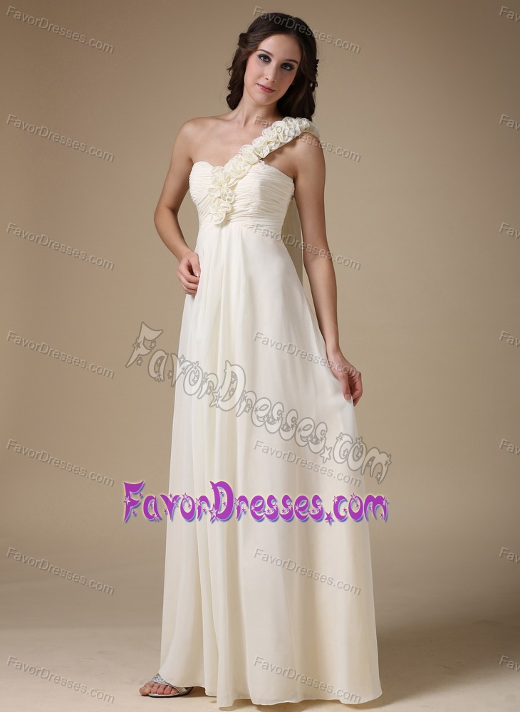 White Empire One Shoulder Chiffon Bridesmaid Dress with Hand Made Flowers