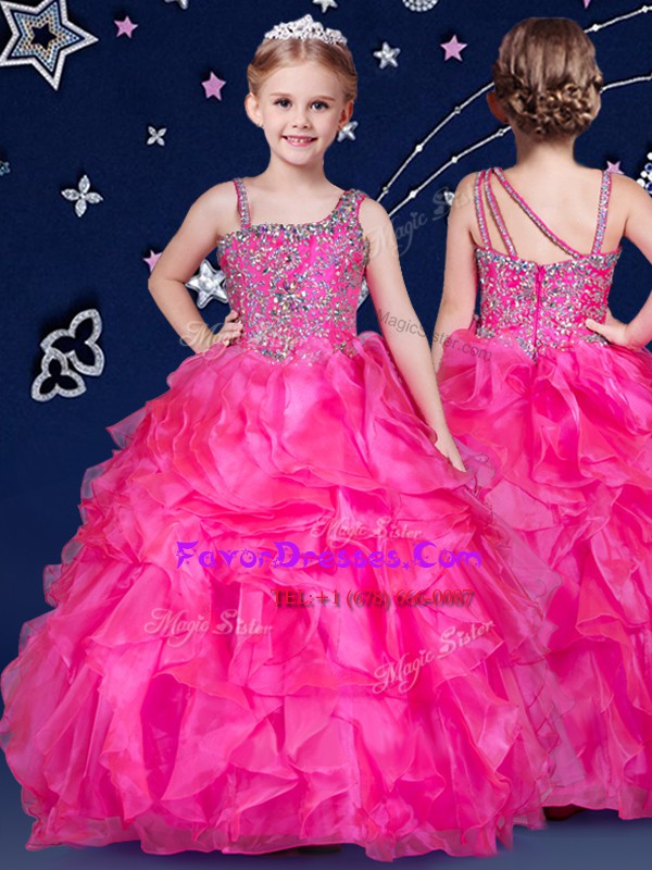  Ball Gowns Little Girls Pageant Dress Wholesale Hot Pink Asymmetric Organza Sleeveless Floor Length Zipper