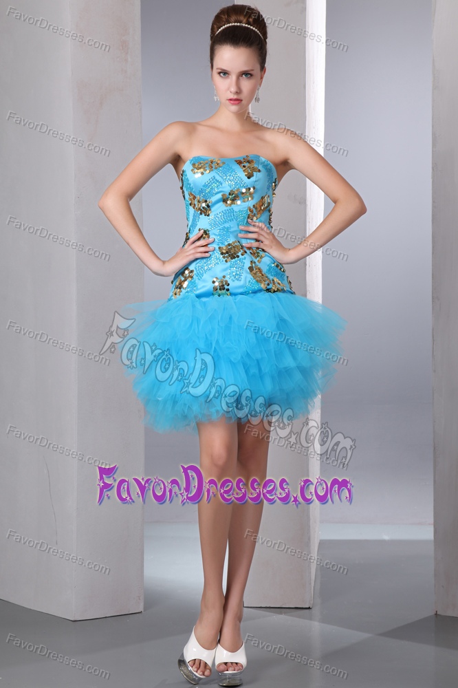 Aqua Blue Strapless Semi-formal Prom Dress for Cheap with Sequins
