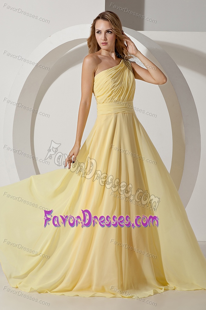 Cheap Light Yellow Empire One Shoulder Prom Dresses with