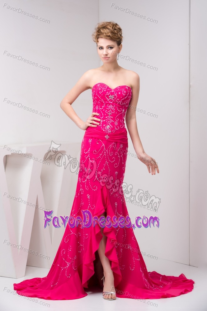 Beaded and Flounced Chiffon Inexpensive Prom Dressin in Hot Pink