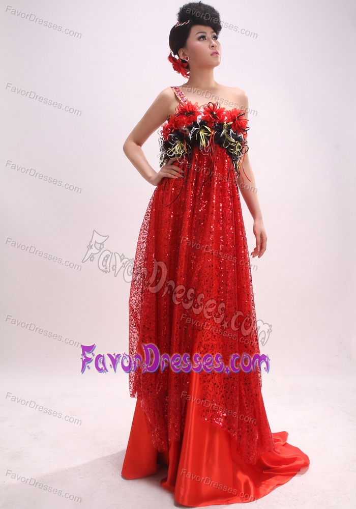 2014 Style One Shoulder Red Prom Gown Dress with Flowers and Sequins