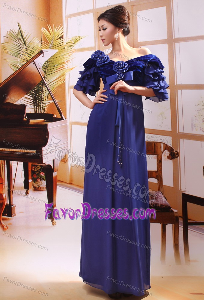 Discount Off The Shoulder Half Sleeves Blue Prom Party Dress with Flower