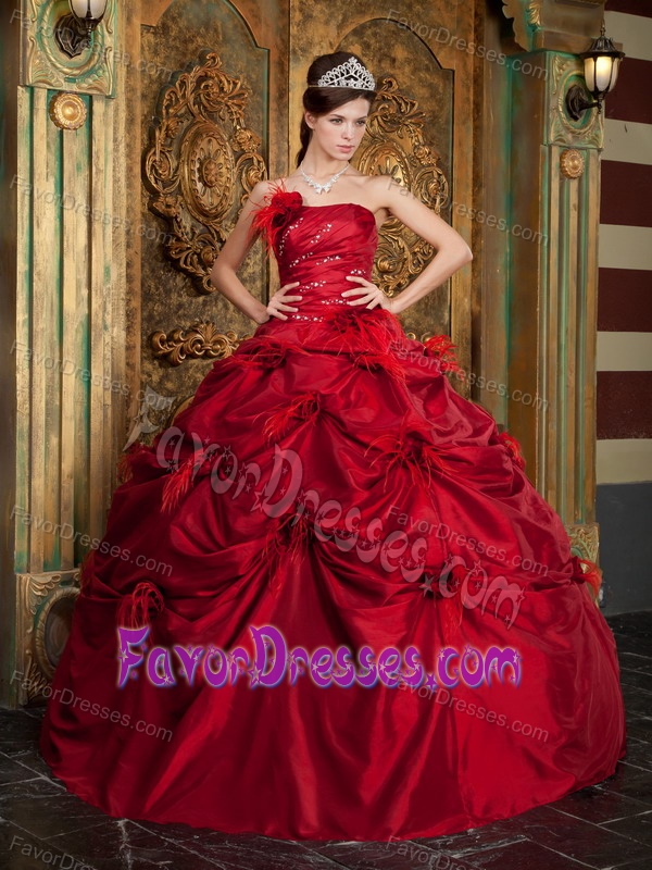 Strapless Taffeta Beaded Quinces Dress with Hand Made Flowers in Red