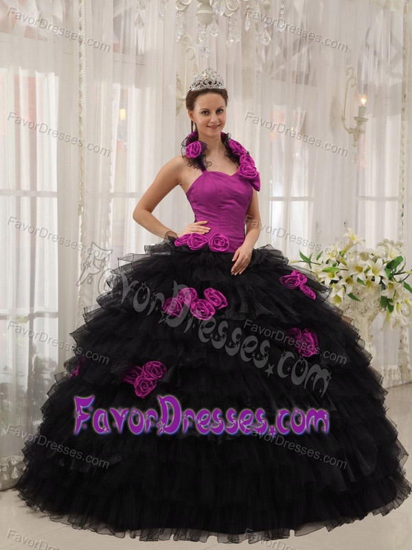 Fuchsia and Black Halter-top Quince Gown Dress with Ruffles and Handle Flowers