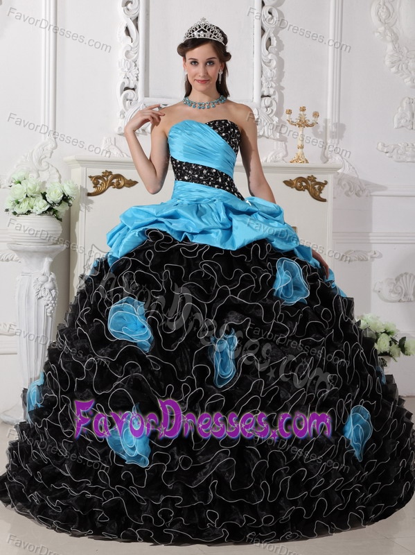 Black and Blue Beaded Dress for Quinceanera with Pick-ups and Rolling Flowers