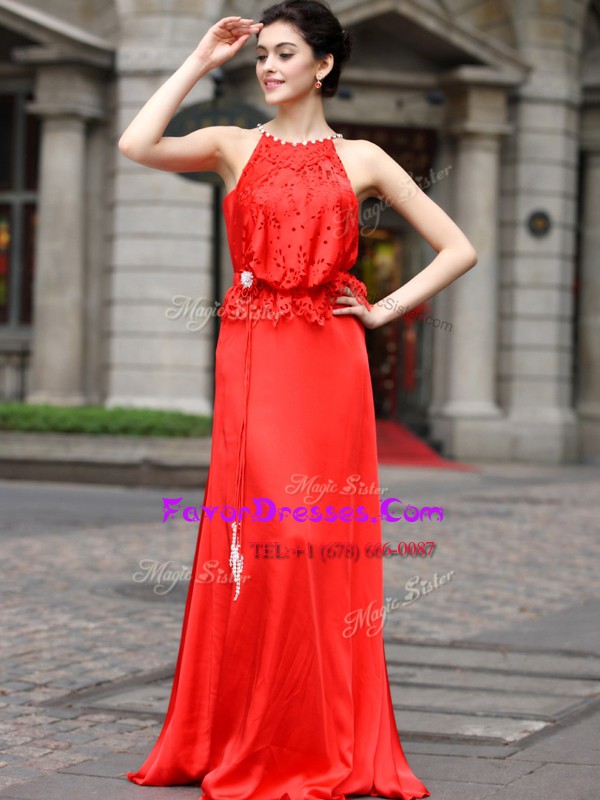 On Sale Scoop Floor Length Coral Red Evening Dress Silk Like Satin Sleeveless Beading and Appliques