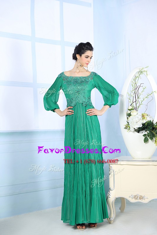 Fitting 3 4 Length Sleeve Floor Length Beading and Appliques and Ruching Zipper Prom Evening Gown with Green