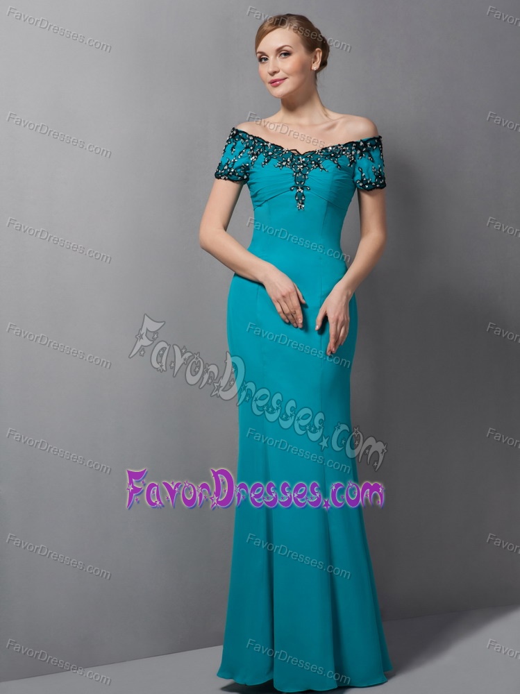 2013 Teal off The Shoulder Mother Dress with Beadings in Chiffon on Promotion