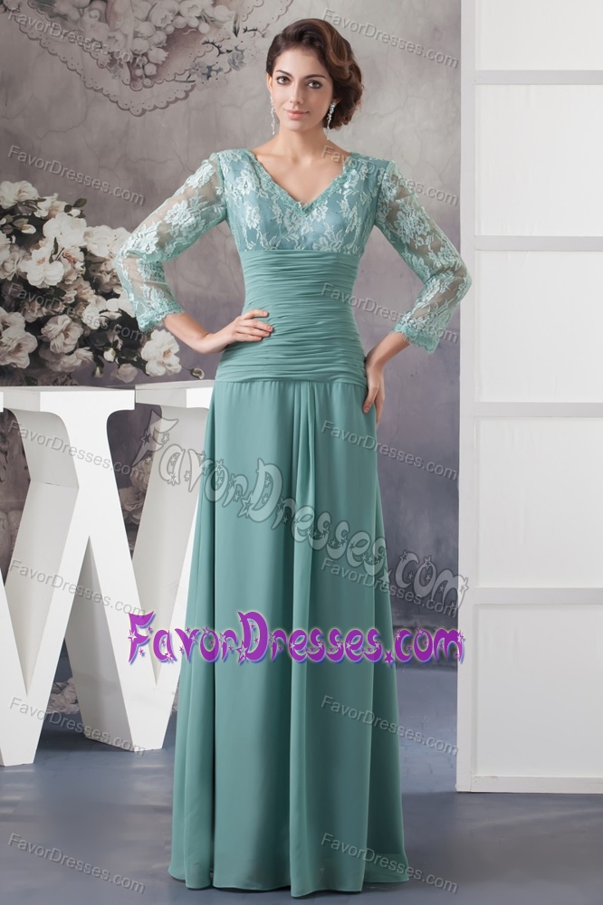 Romantic Turquoise V-neck Mother of the Groom Dress with Long Sleeve