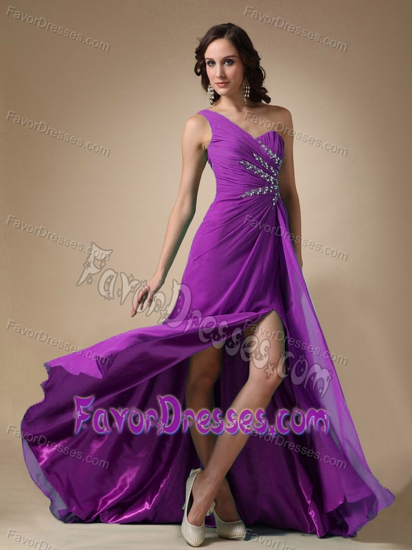 One Shoulder Purple 2013 Prom DressCourt with Beads and High Slit