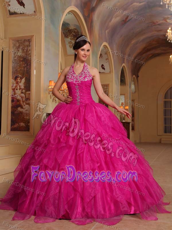 Hot Pink Urbane Halter Top Quinces Dresses in Organza with Embroidery