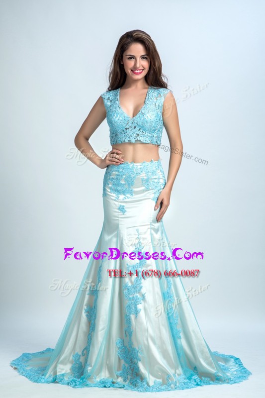 Flare Mermaid Sleeveless With Train Beading and Pattern Zipper Evening Dress with Blue And White Brush Train