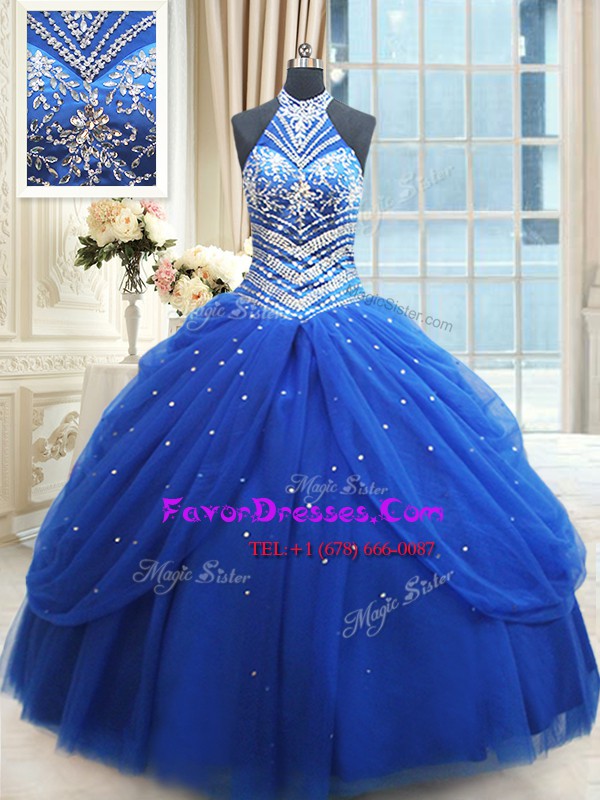 Unique Pick Ups Halter Top Sleeveless Lace Up Quinceanera Dresses Royal Blue Tulle