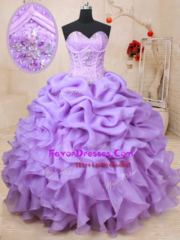 Deluxe Lavender Ball Gowns Sweetheart Sleeveless Organza Floor Length Lace Up Beading and Ruffles and Pick Ups Quinceanera Gowns