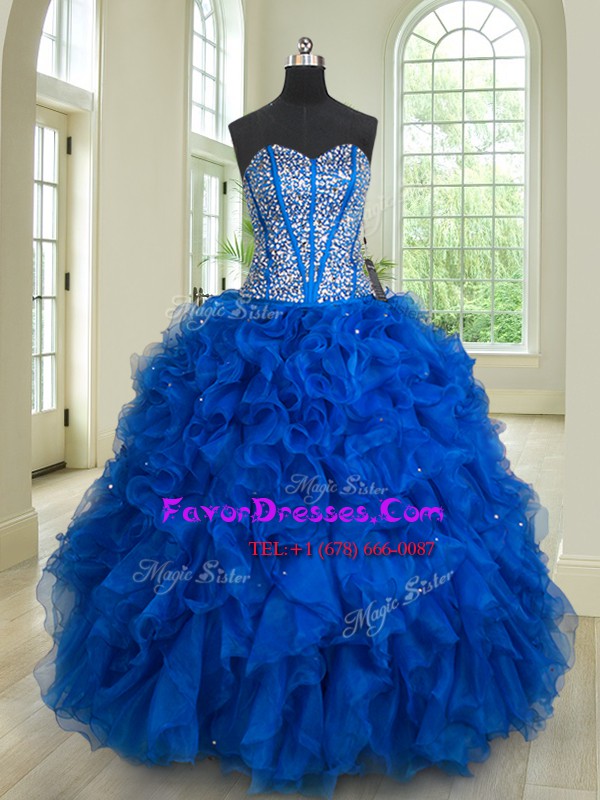 Clearance Organza Sweetheart Sleeveless Lace Up Beading and Ruffles Quinceanera Gown in Royal Blue