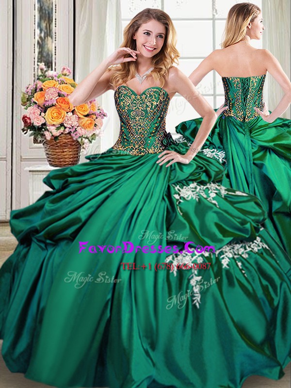 Beautiful Sleeveless Taffeta Floor Length Lace Up Quinceanera Gowns in Dark Green with Beading and Appliques and Pick Ups