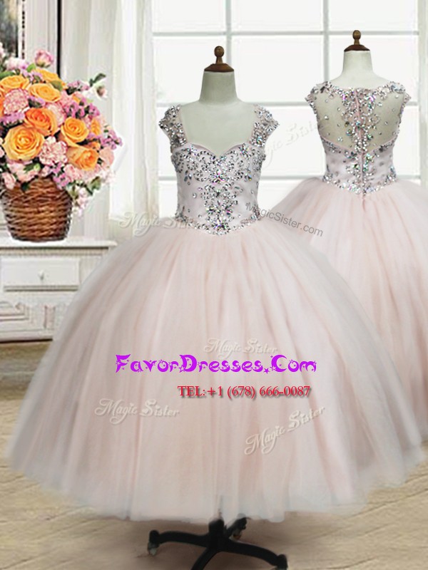 Dynamic Straps Pink Cap Sleeves Floor Length Beading Zipper Winning Pageant Gowns