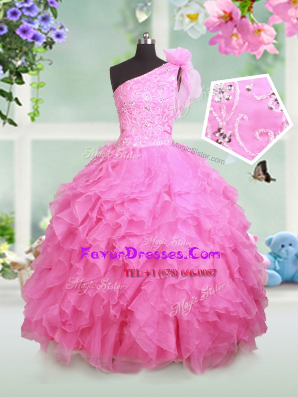 Fabulous One Shoulder Sleeveless Lace Up Floor Length Beading and Ruffles and Hand Made Flower Little Girl Pageant Gowns