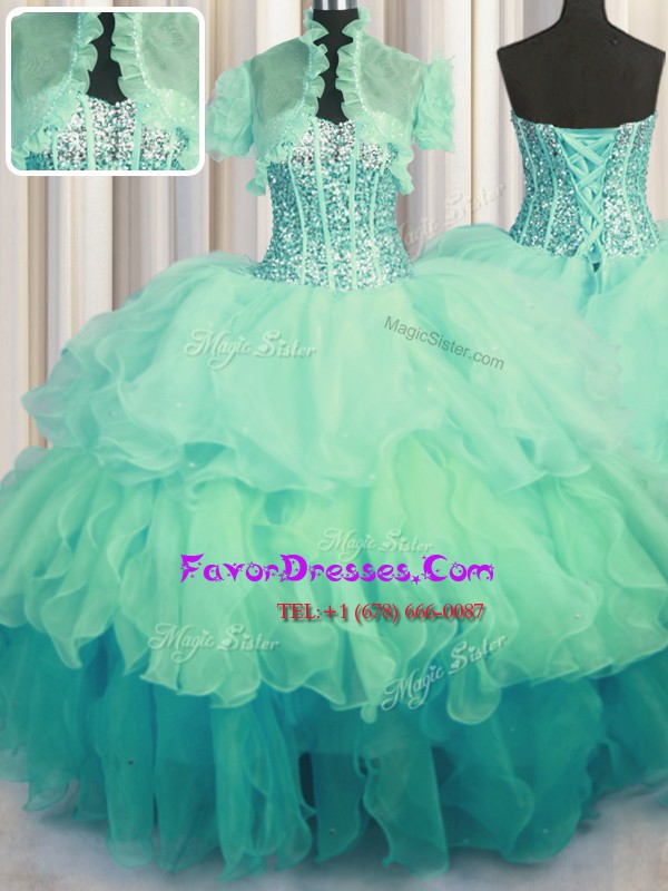Spectacular Visible Boning Bling-bling Multi-color Lace Up Sweetheart Beading and Ruffled Layers Quinceanera Dress Organza Sleeveless