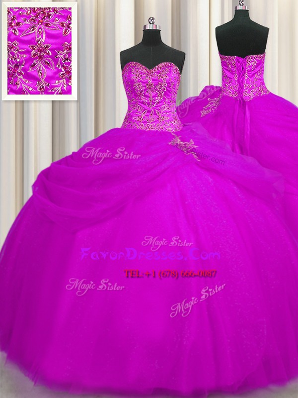 Colorful Fuchsia Sleeveless Floor Length Beading Lace Up Quinceanera Gown