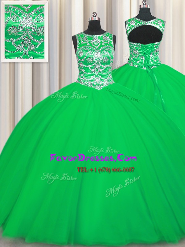  Scoop Sleeveless Lace Up Quinceanera Gown Green Tulle