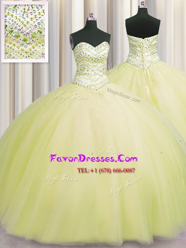 Noble Bling-bling Puffy Skirt Sleeveless Floor Length Beading Lace Up Vestidos de Quinceanera with Light Yellow