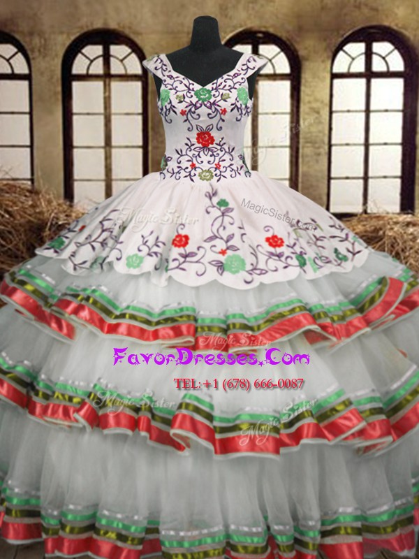 Low Price Organza Sleeveless Floor Length Quinceanera Dresses and Embroidery and Ruffled Layers