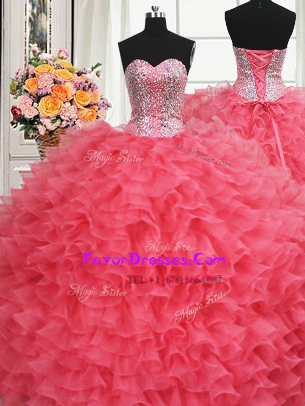 Fashion Beaded Bodice Coral Red Organza Lace Up Sweetheart Sleeveless Floor Length 15th Birthday Dress Beading and Ruffles