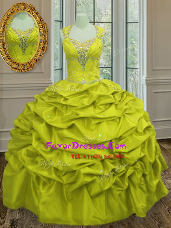 Extravagant Straps Yellow Green Lace Up Ball Gown Prom Dress Beading and Pick Ups Sleeveless Floor Length