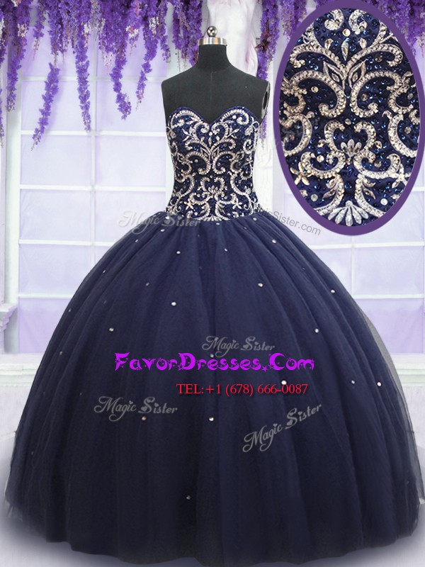 Best Selling Sweetheart Sleeveless Quinceanera Dress Floor Length Beading Navy Blue Tulle