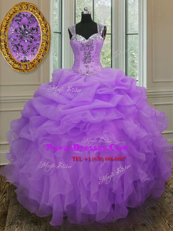 Hot Selling Lavender Quinceanera Gowns Military Ball and Sweet 16 and Quinceanera and For with Beading and Ruffles Straps Sleeveless Zipper