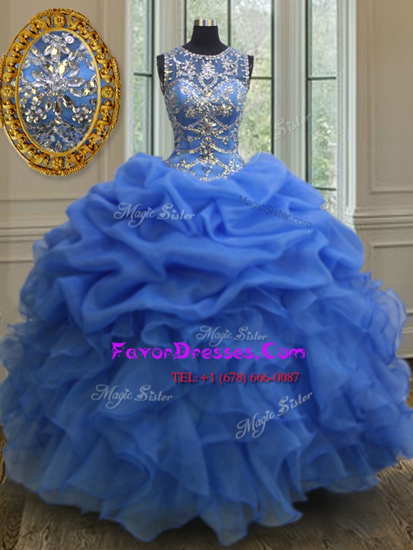 Classical Scoop Floor Length Ball Gowns Sleeveless Blue Vestidos de Quinceanera Lace Up