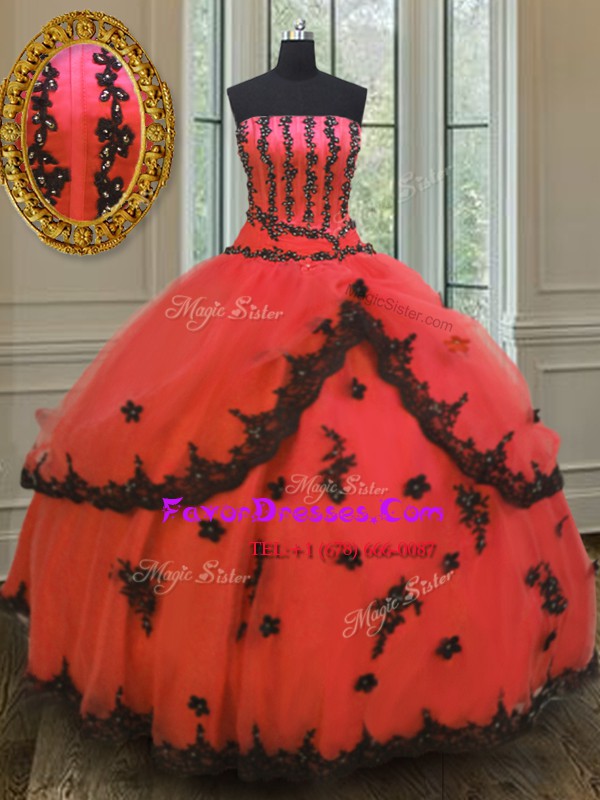 Beauteous Ball Gowns Sweet 16 Dresses Red Strapless Tulle Sleeveless Floor Length Lace Up
