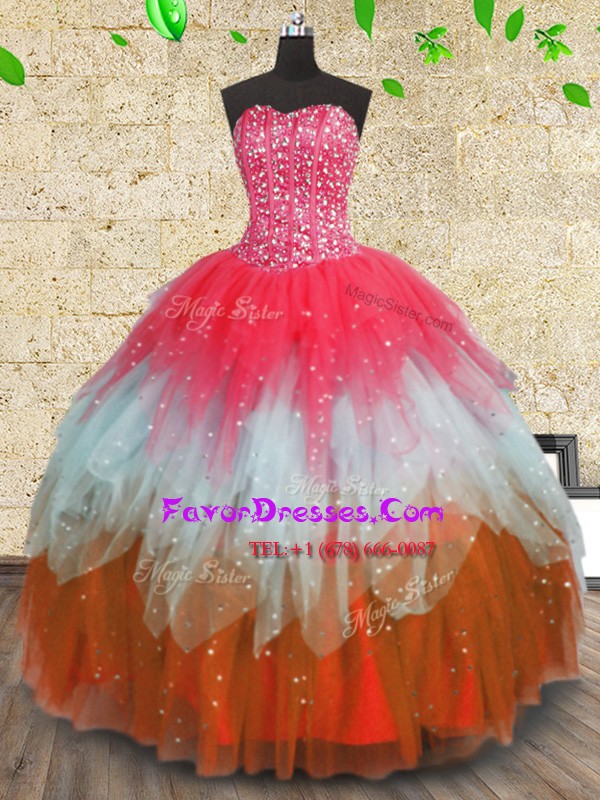  Multi-color Ball Gowns Tulle Sweetheart Sleeveless Beading and Ruffles and Ruffled Layers Floor Length Lace Up Quince Ball Gowns