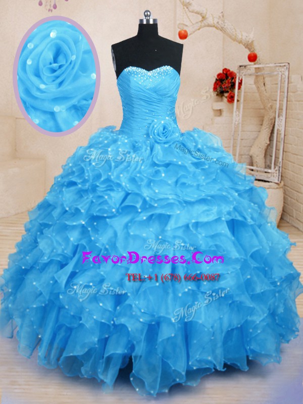 Fashion Floor Length Lace Up Ball Gown Prom Dress Baby Blue for Military Ball and Sweet 16 and Quinceanera with Beading and Ruffles and Hand Made Flower
