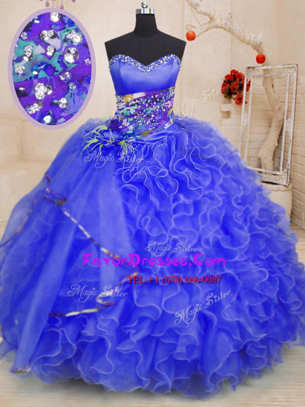 Sweet Floor Length Lace Up Sweet 16 Quinceanera Dress Royal Blue for Military Ball and Sweet 16 and Quinceanera with Beading and Ruffles
