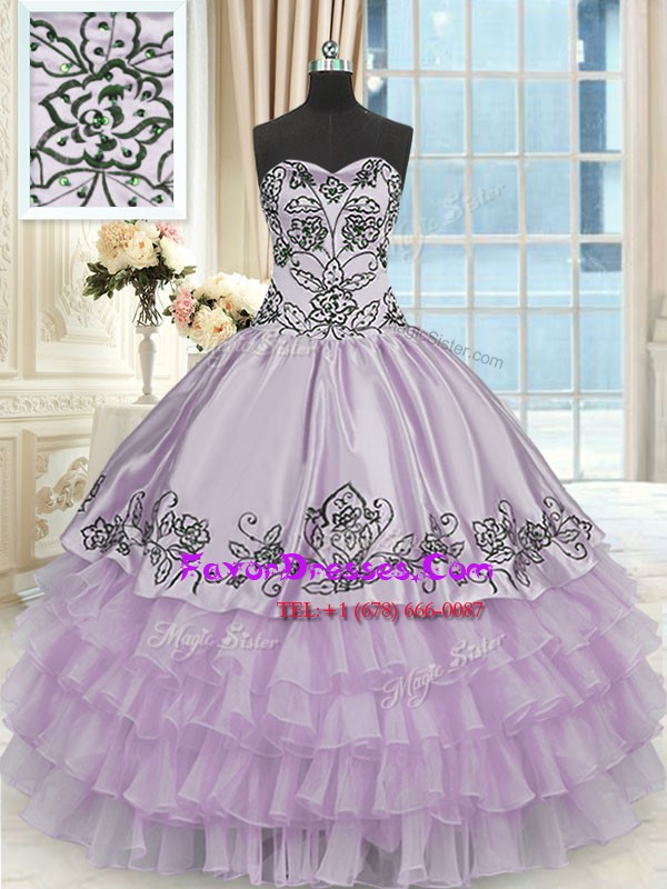  Lavender Organza Lace Up Sweetheart Sleeveless Floor Length Quinceanera Dress Beading and Embroidery and Ruffled Layers