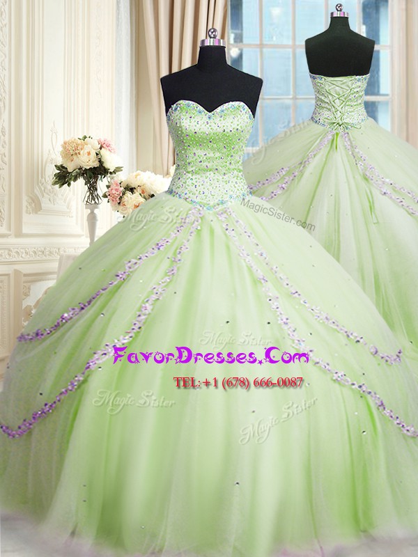  With Train Yellow Green 15th Birthday Dress Sweetheart Sleeveless Court Train Lace Up