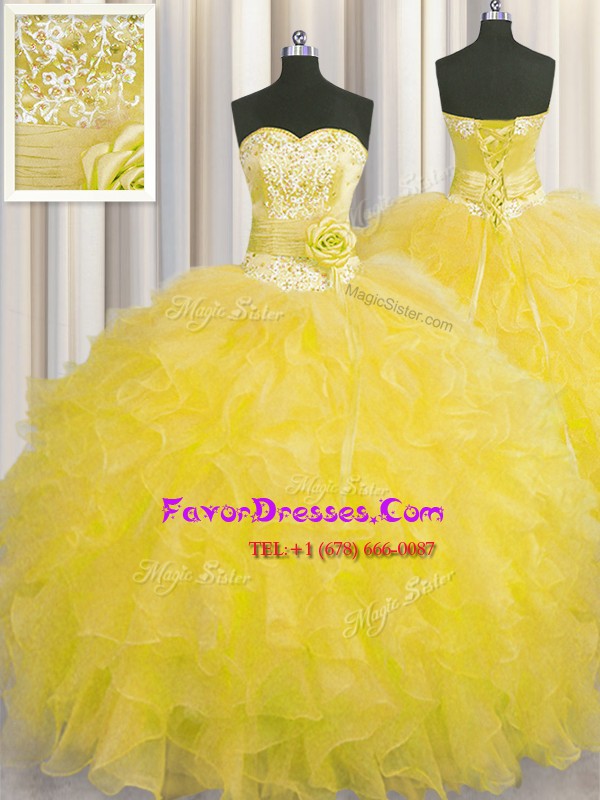 Elegant Handcrafted Flower Gold Sweetheart Neckline Beading and Ruffles and Hand Made Flower Vestidos de Quinceanera Sleeveless Lace Up