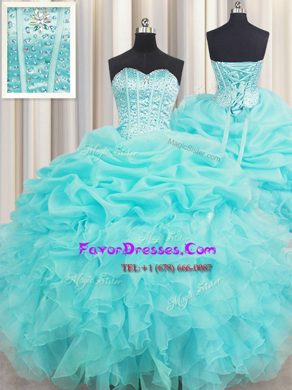  Visible Boning Baby Blue Quinceanera Gown Military Ball and Sweet 16 and Quinceanera and For with Beading and Ruffles and Pick Ups Sweetheart Sleeveless Lace Up