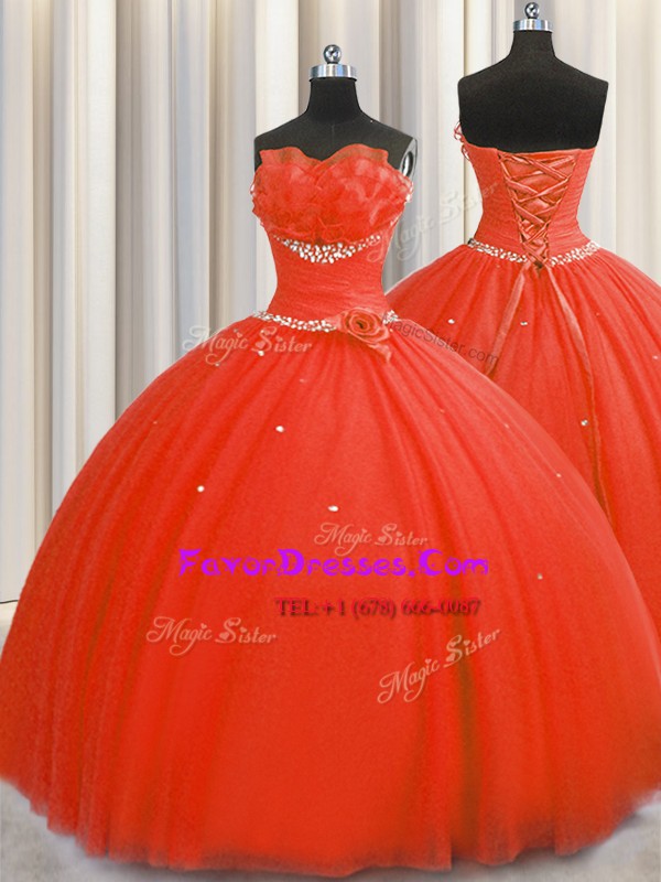 Fitting Handcrafted Flower Coral Red Ball Gowns Strapless Sleeveless Tulle Floor Length Lace Up Beading and Sequins and Hand Made Flower 15th Birthday Dress