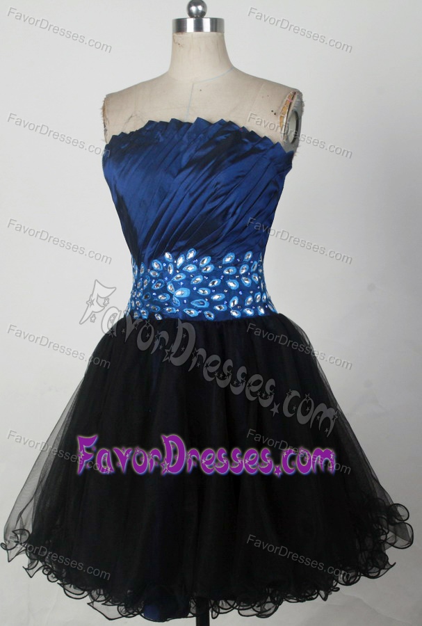 Ruching and Beading Organza Girls Prom Dress with Strapless in Blue and Black