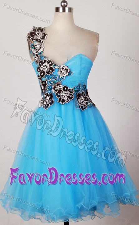 Cute Aqua Blue One Shoulder Prom Court Dresses with Appliques in Mini-length