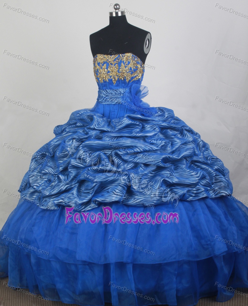Cheap Appliqued Organza Strapless Real Sample Quinces Dresses in Blue