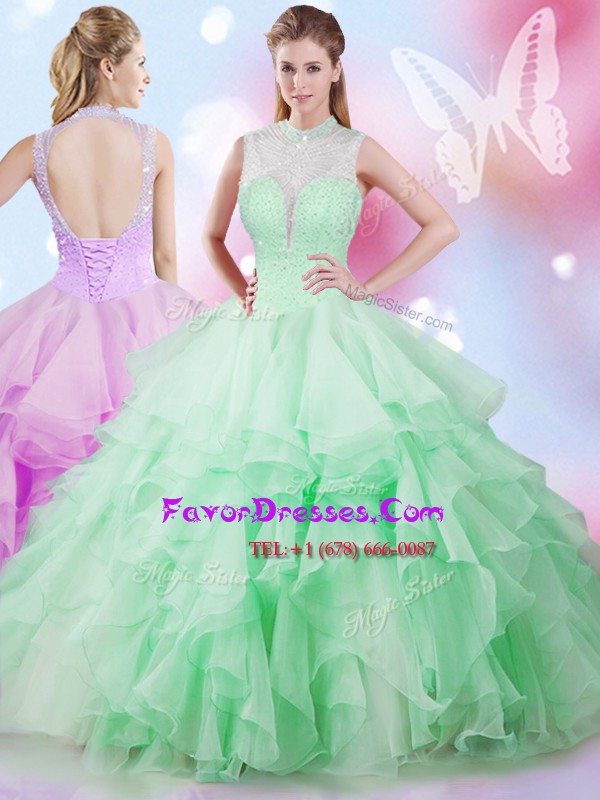  Apple Green Ball Gowns Beading and Ruffles Quinceanera Dresses Lace Up Tulle Sleeveless Floor Length