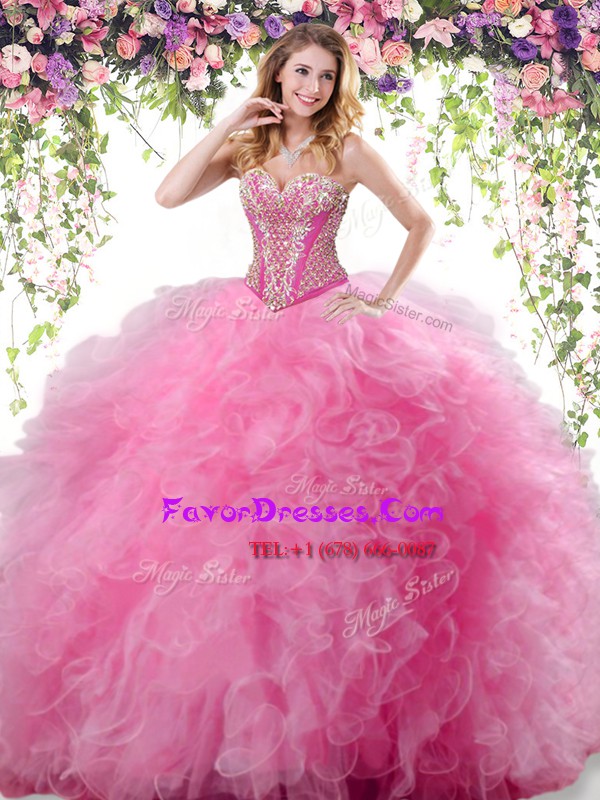  Tulle Sweetheart Sleeveless Lace Up Beading and Ruffles Quinceanera Gown in Rose Pink