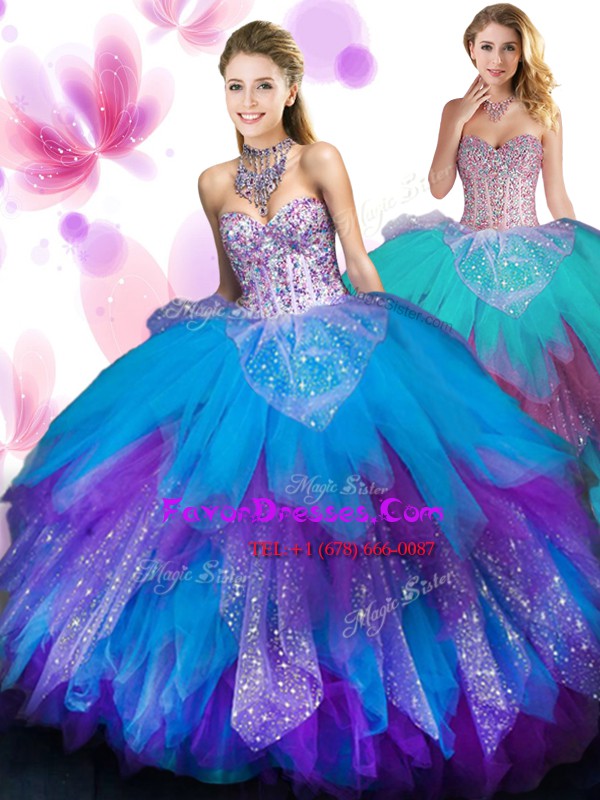 Eye-catching Sleeveless Tulle Floor Length Lace Up Quinceanera Gown in Multi-color with Beading and Ruffled Layers