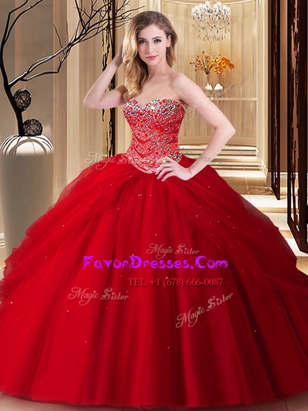Fantastic Sleeveless Tulle Floor Length Lace Up Quinceanera Dress in Red with Beading