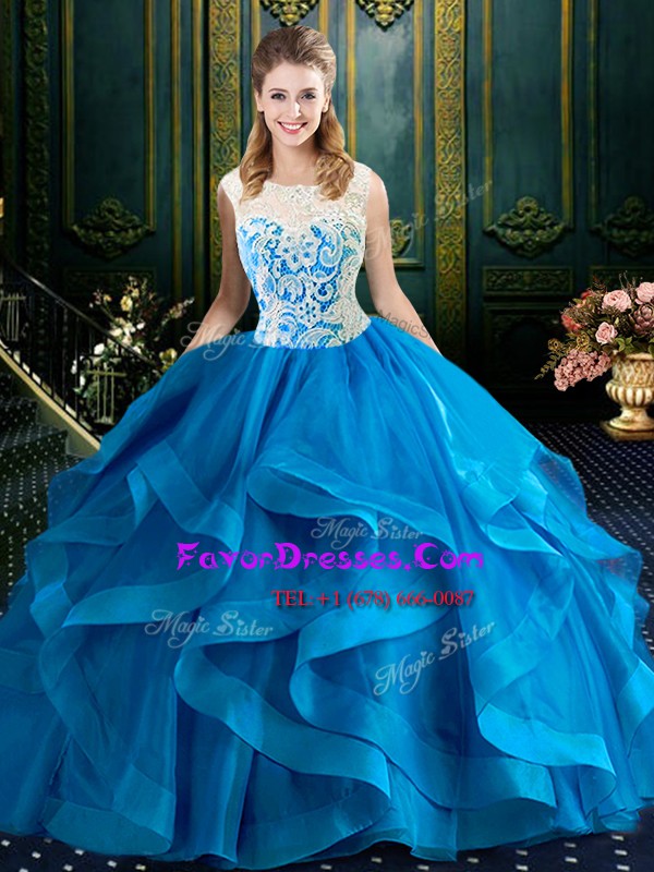 Custom Made Scoop Lace Quinceanera Gown Blue Zipper Sleeveless With Brush Train